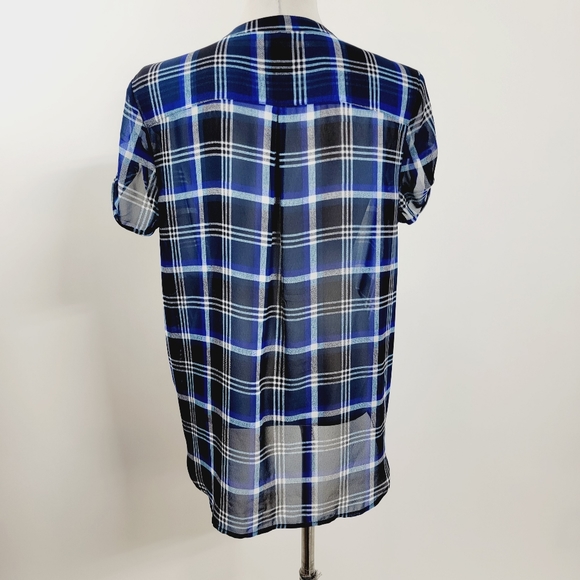 Express Small Blue Plaid Short Sleeve Button Up Sheer Top - Picture 2 of 6